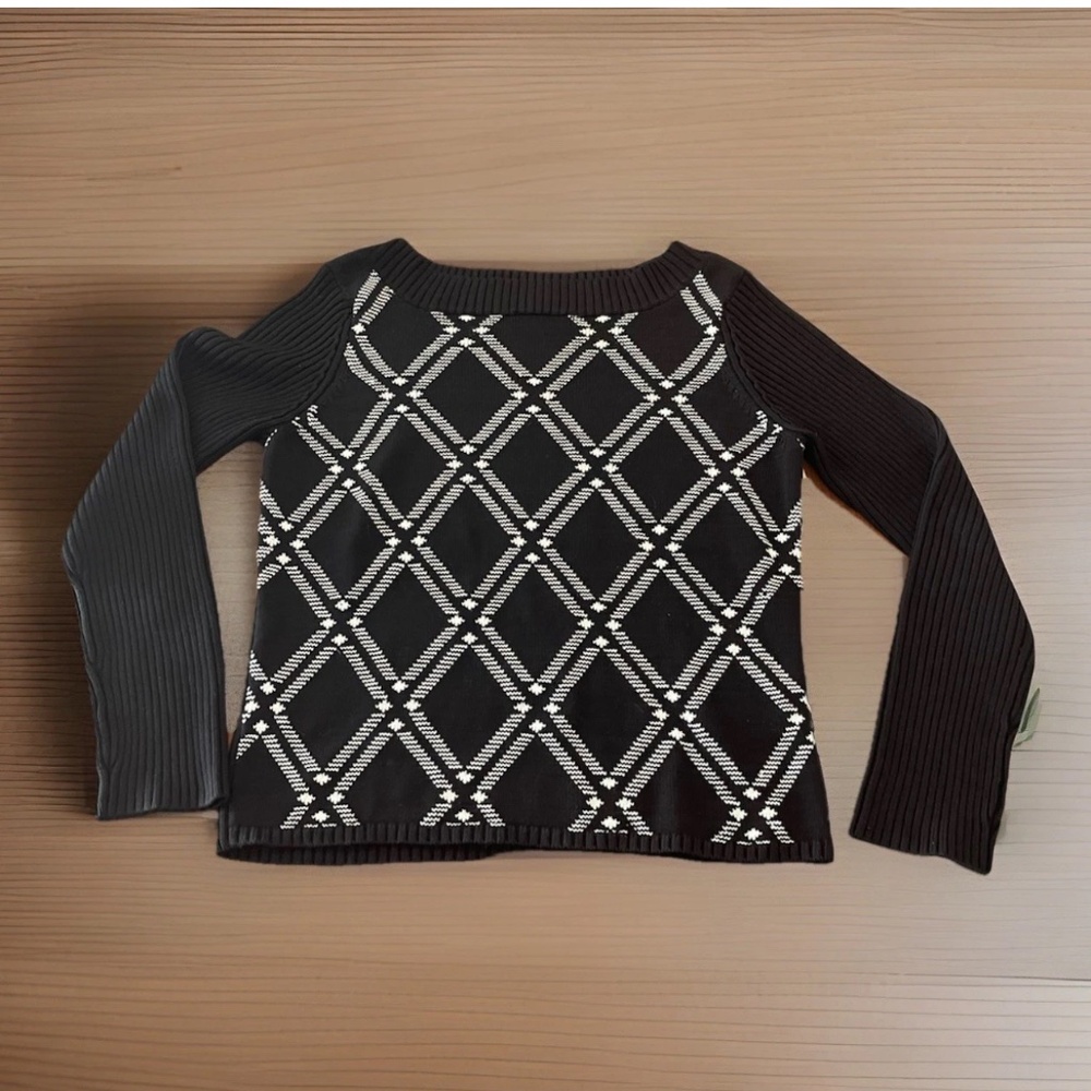 Ann Taylor Women’s Black White Ribbed Sweater Silk Cotton Xl Preppy Classic